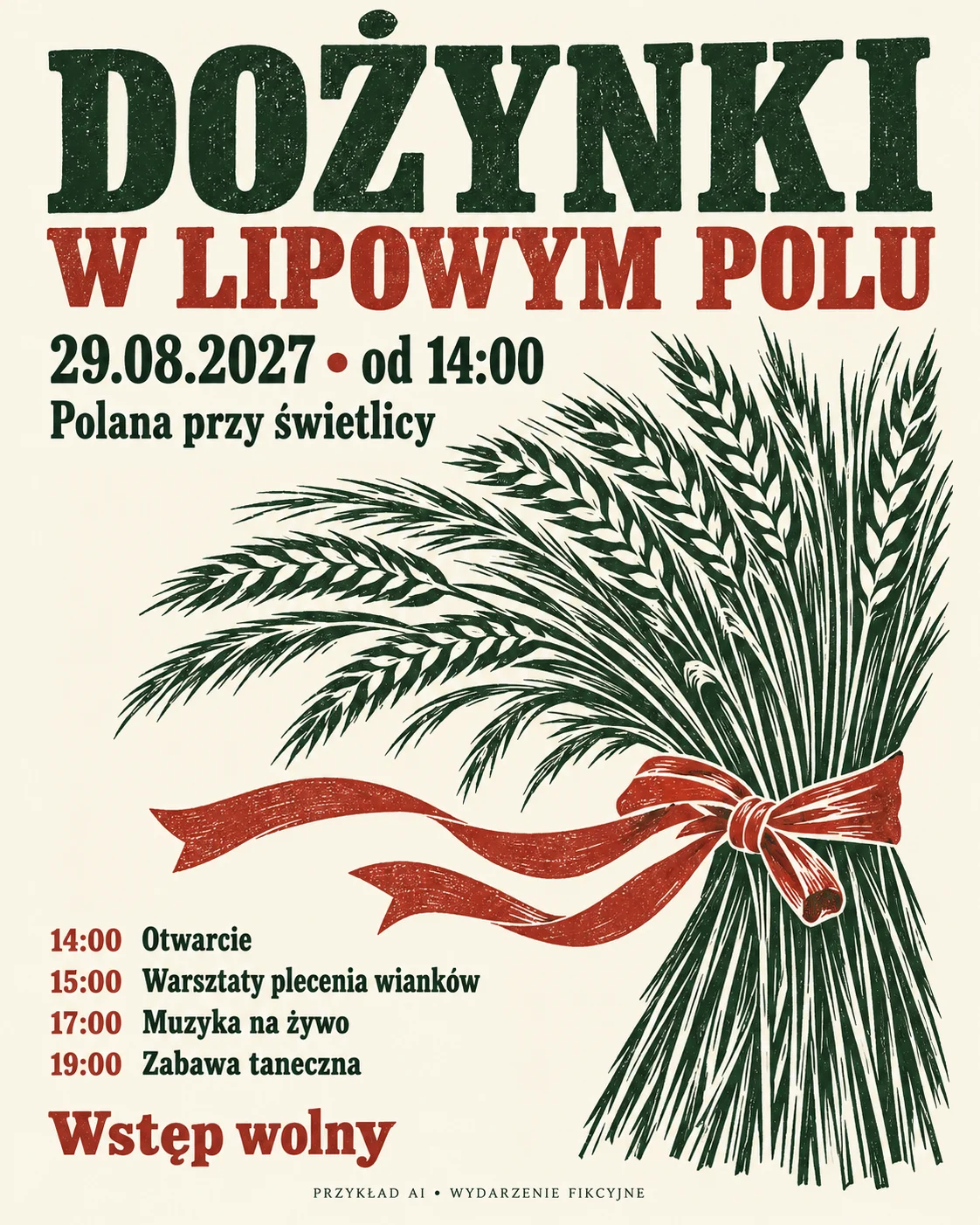 Przykładowy plakat dożynek: zielony snop zboża, czerwona wstążka i program na kremowym tle