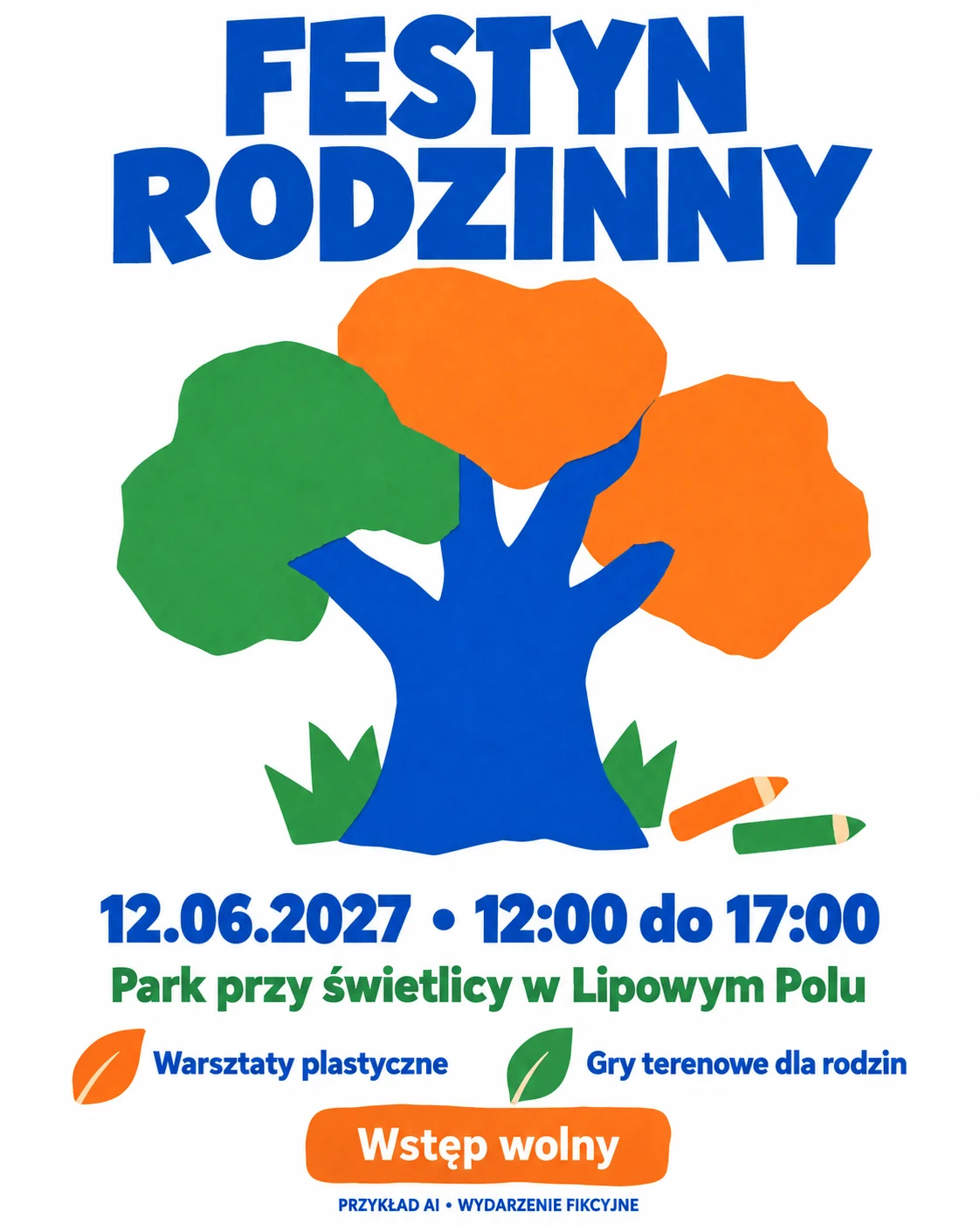 Plakat fikcyjnego festynu rodzinnego z niebieskim drzewem i pomarańczowo-zieloną koroną na białym tle