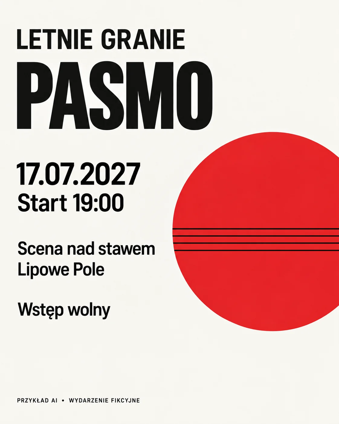 Minimalistyczny plakat koncertu fikcyjnego zespołu Pasmo z czarną typografią i czerwonym kołem