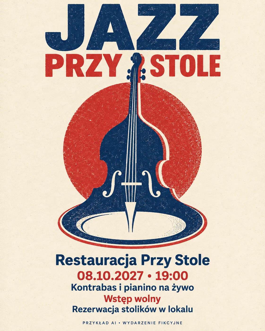 Ilustracyjny plakat fikcyjnego wieczoru jazzowego w restauracji z kontrabasem przechodzącym w talerz