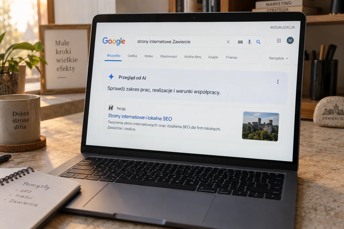 Laptop z wizualizacją wyszukiwania stron internetowych w Zawierciu i przykładową odpowiedzią AI.